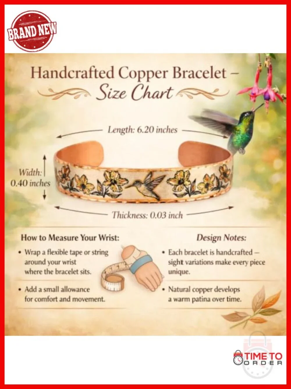 Handmade Adjustable Copper Cuff Bracelet Hummingbird Jewelry
